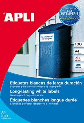 Apli Weerbestendige etiketten ft 210 x 297 mm (b x h), 100 stuks, 1 per blad, doos van 100 blad Apli Weerbestendige etiketten ft 210 x 297 mm (b x h), 100 stuks, 1 per blad, doos van 100 blad
