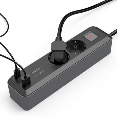 Hama Stekkerdoos 2-voudig USB-C/A 65W PD Schakelaar 1,4 M Zwart/grijs