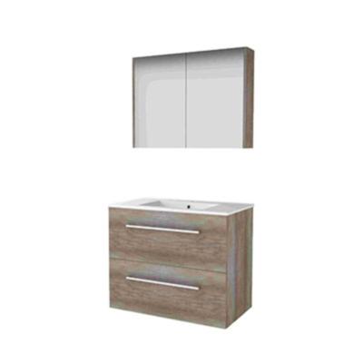 Basic-Line Comfort 46 Badkamermeubelset - 80 x 46 cm - Met Grepen - 2 Lades - Keramische Wastafel - 1 Kraangat - Spiegelkast - Scotch Oak