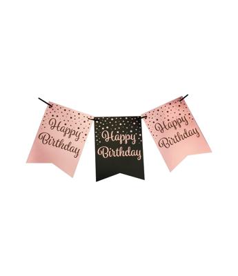 Vlaggetjesslinger roze/zwart - Birthday