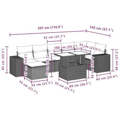 8-delige Loungeset met kussens poly rattan lichtgrijs