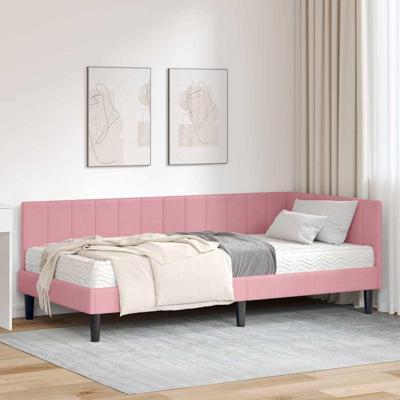 Hoekbedframe met matras Roze 100 x 200 cm Fluweel
