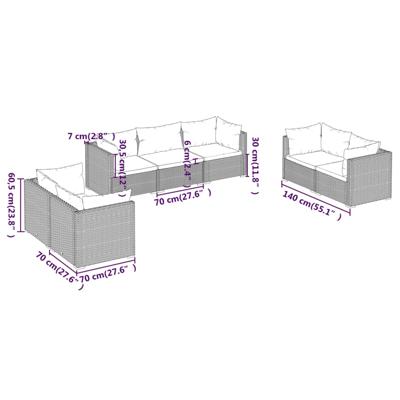 7-delige Loungeset met kussens poly rattan zwart