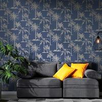 DUTCH WALLCOVERINGS behang tropical trees marineblauw en zilverkleurig - thumbnail