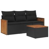 4-delige Loungeset met kussens poly rattan zwart - thumbnail