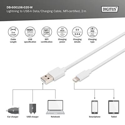Digitus Mobiele telefoon, Apple iPad/iPhone/iPod, Computer, Laptop Laadkabel [1x USB-A - 1x Lightning] 2 m USB-A, Apple Lightning