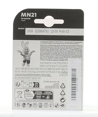 DURACELL MN21 (2 stuks) specialty alkalinebatterij 12V (A23 / 23A / V23GA / LRV08 / 8LR932) Voor Gebruik in Afstandsbedieningen, Draadloze Deurbellen en Beveiligingssystemen