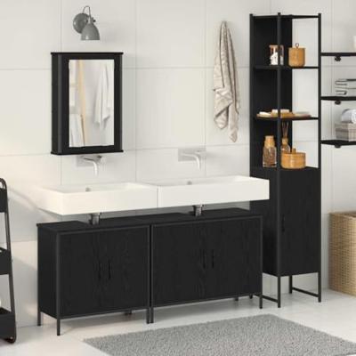 Badkamermeubelset met plank met opslag 4 pcs Zwart Bewerkt hout