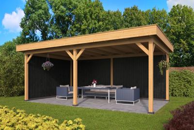 Tuindeco Oslo XL Overkapping type 2 678x430 cm Lariks/Douglashout blank en Zweeds rabat zwart- Plat dak- Onbehandeld lariks Douglas hout- Tuindeco