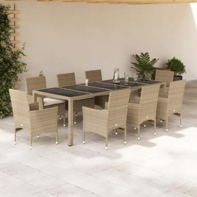 9-delige Tuinset met kussens poly rattan en glas beige