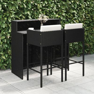3-delige Tuinbarset met kussens poly rattan zwart