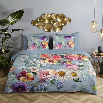 Descanso Dekbedovertrek "bloemen" - Grijs - (200x200/220 cm) - Biologisch Katoen satijn