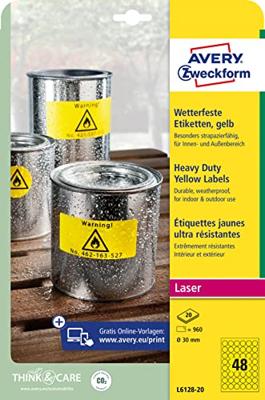 Avery-Zweckform L6128-20 Folie-etiketten Ø 30 mm Polyester folie Geel 960 stuk(s) Permanent hechtend Laser (kleur), Laser (zwart/wit), Kopiëren (kleur),