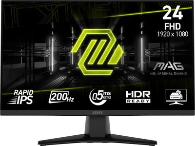 MSI MAG 242F Gaming Monitor 24 inch FHD - Rapid IPS-paneel 1920 x 1080, 200 Hz/0,5 ms, HDR Ready, AMD FreeSync Premium, HDMI 2.0b, DP 1.2a, randloos design, kantelbaar, VESA-compatibel, zwart
