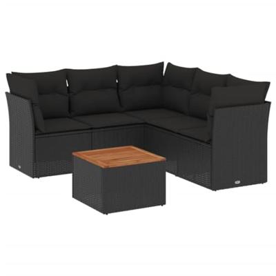 6-delige Loungeset met kussens poly rattan zwart