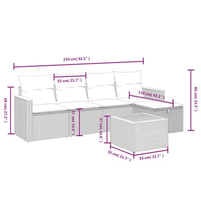 5-delige Loungeset met kussens poly rattan grijs - thumbnail