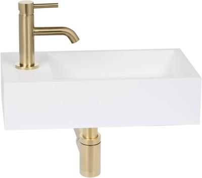 Saqu Deluxe fonteinset met gouden kraan links solid surface mat wit Saqu Deluxe fonteinset met gouden kraan links solid surface mat wit