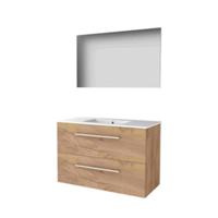 Basic-Line Basic 46 Badkamermeubelset - 100 x 46 cm - Met Grepen - 2 Lades - Keramische Wastafel - 1 Kraangat - Spiegel - Whisky Oak - thumbnail