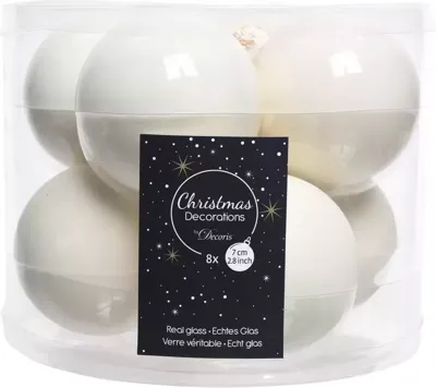 8 kerstballen wolwit emaille 70 mm KSD - Ksd