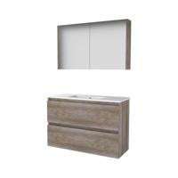 Basic-Line Comfort 39 Badkamermeubelset - Ondiep - 100 x 39 cm - Greeploos - 2 Lades - Keramische Wastafel - 1 Kraangat - Spiegelkast - Scotch Oak - thumbnail