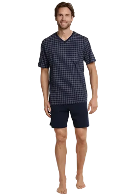 Heren shortama - Ebony Blue - Ruit - Katoenen zomer pyjama korte broek korte mouw