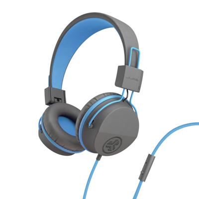JLab Kids hoofdtelefoon, JBuddies hoofdtelefoon voor kinderen, over oor, bedraad en kindveilig met volumebegrenzer, ruisisolatie en microfoon - Grijs/Blauw