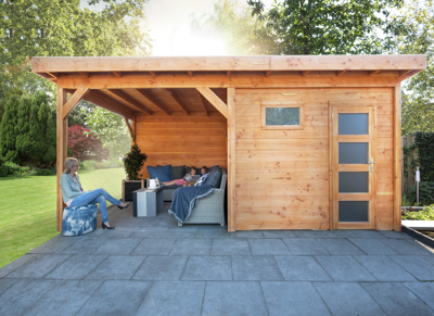 Woodvision Raaf Topvision tuinhuis 303x303 cm + overkapping 300 cm Douglas blank- Plat dak- Onbehandeld lariks Douglas hout- Woodvision Woodvision Raaf Topvision tuinhuis 303x303 cm + overkapping 300 cm Douglas blank- Plat dak- Onbehandeld lariks Douglas hout- Woodvision