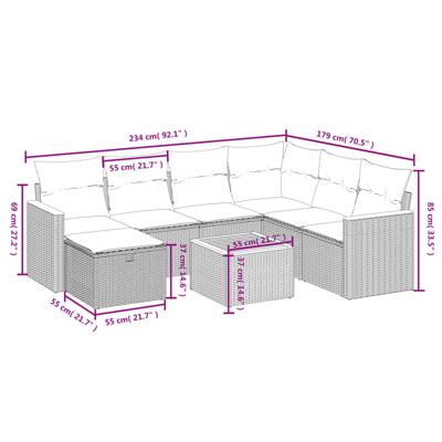 7-delige Loungeset met kussens poly rattan grijs - thumbnail