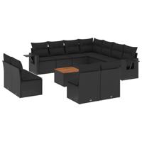 12-delige Loungeset met kussens poly rattan zwart - thumbnail