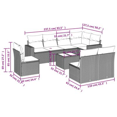 9-delige Loungeset met kussens poly rattan grijs