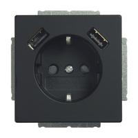 BJ stopcontact met USB 2-voudig lader Future Lineair mat zwart - thumbnail