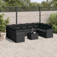 10-delige Loungeset met kussens poly rattan zwart - thumbnail