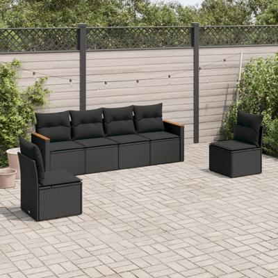 7-delige Loungeset met kussens poly rattan zwart