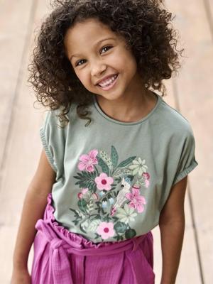 T-shirt met geborduurde bloemen voor meisjes met korte mouwen saliegroen