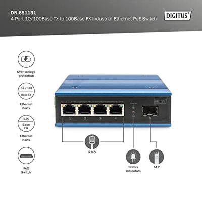 DIGITUS PoE netwerkswitch - 5-poorts Fast Ethernet - 4x RJ45 + 1x SFP-poort - Unmanaged - 10/100 Mbps - DIN Rail & wandmontage - IP40 - Industriële serie - Blauw