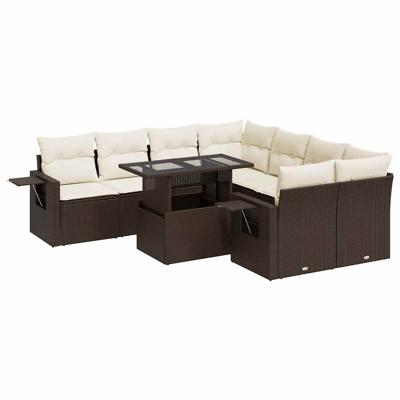 9-delige Loungeset met kussens poly rattan bruin