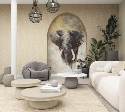 Marburg Travertino Behang met houten latjes - 33397