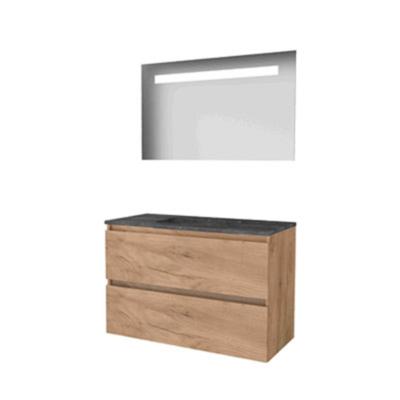 Basic-Line Economic 46 Badkamermeubelset - 100 x 46 cm - Greeploos - 2 Lades - Hardstenen Wastafel - Zonder Kraangat - Spiegel met LED Verlichting - Whisky Oak