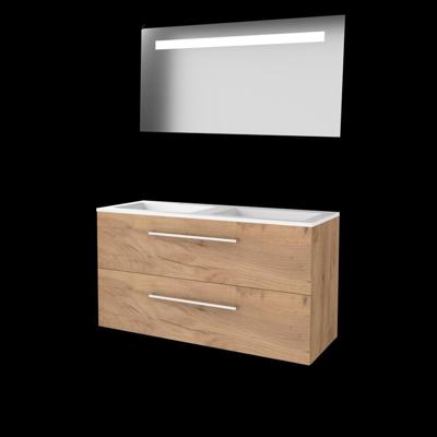 Basic-Line Economic 46 Badkamermeubelset - 120 x 46 cm - Met Grepen - 4 Lades - Acryl Wastafel - 2 Kraangaten - Spiegel met LED Verlichting - Whisky Oak