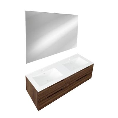 Saniclass Prime Balance Badkamermeubelset - 120x55x45cm - 2 rechthoekige keramische wasbakken wit - 2 kraangaten - 4 lades - rechthoekige spiegel - noten SW724613/SW804533/SW1027164 x2