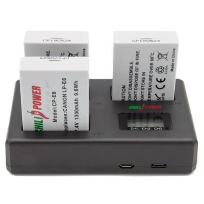 ChiliPower Canon Accu LP-E8 Kit Deluxe - 3 accu's + Triple lader, voor het laden van 3 accu's