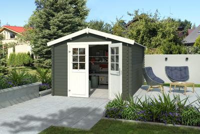 Outdoor Life Norah Blokhut 295x380 cm 28 mm vuren Green Grey-Wit gecoat- Zadeldak- - Outdoor Life Outdoor Life Norah Blokhut 295x380 cm 28 mm vuren Green Grey-Wit gecoat- Zadeldak- - Outdoor Life