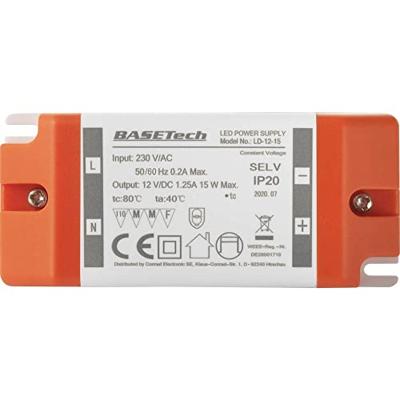 Basetech LD-12-15 LED-transformator Constante spanning 15 W 1.25 A Geschikt voor meubels, Overspanning, Montage op ontvlambare oppervlakken 1 stuk(s)