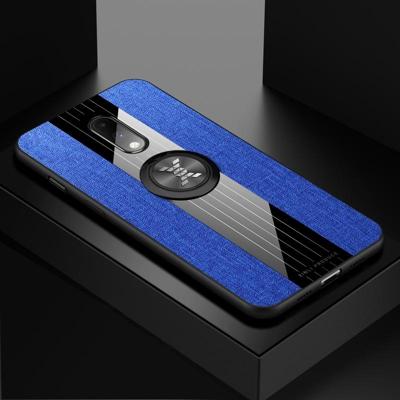 Voor OnePlus 6T XINLI stiksels doek Textue schokbestendig TPU beschermhoes met ring houder (blauw)
