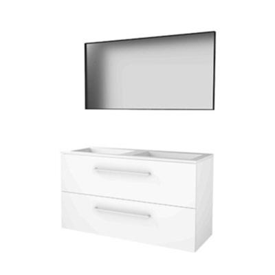 Basic-Line Framed 46 Badkamermeubelset - 120 x 46 cm - Met Grepen - 2 Lades - Acryl Wastafel - 2 Kraangaten - Spiegel met Zwart Aluminium Frame - Ice White