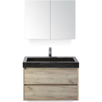 Dante Badmeubelset 80 cm - Craft Oak - Wastafel Hardsteen Wit Lucca met Spiegelkast