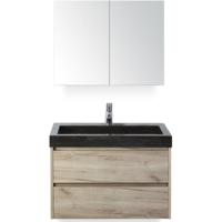 Dante Badmeubelset 80 cm - Craft Oak - Wastafel Hardsteen Wit Lucca met Spiegelkast - thumbnail