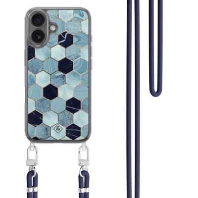 iPhone 16 hoesje met donkerblauw koord - Blue cubes iPhone 16 hoesje met donkerblauw koord - Blue cubes