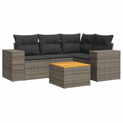 5-delige Loungeset met kussens poly rattan grijs