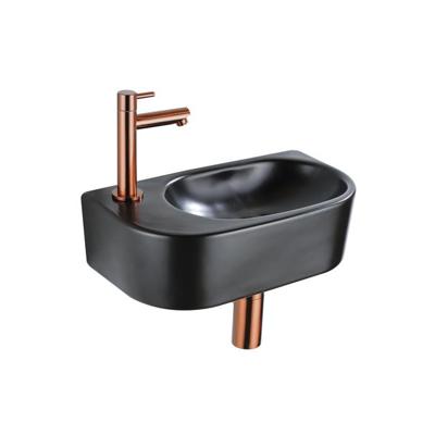 QeramiQ Fuente Fonteinset - 40x21.5x12cm - links - glad - halfrond - 1 kraangat - keramiek - fonteinkraan geborsteld koper - afvoerplug - verlaagd sifon - zwart mat SW1209556/SW799405/SW799403/SW970033